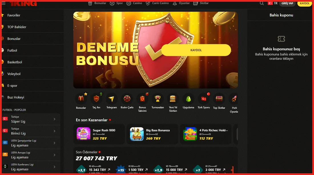 1King ana sayfa görünümü: spor menüsü, deneme bonusu ve son kazananlar 1King ana sayfa görünümü: spor menüsü, deneme bonusu ve son kazananlar