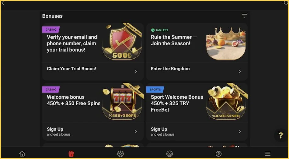 1King bonuslar bölümü: deneme bonusu, casino ve spor hoş geldin paketleri